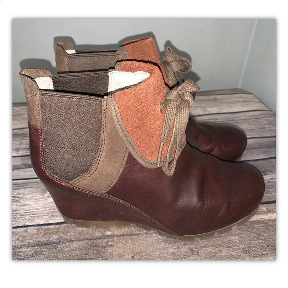 Merrell Wedgetarian Eve size 6.5 Cinnamon Smooth Brown Wedge Ankle Booties Shoes - Picture 1 of 5